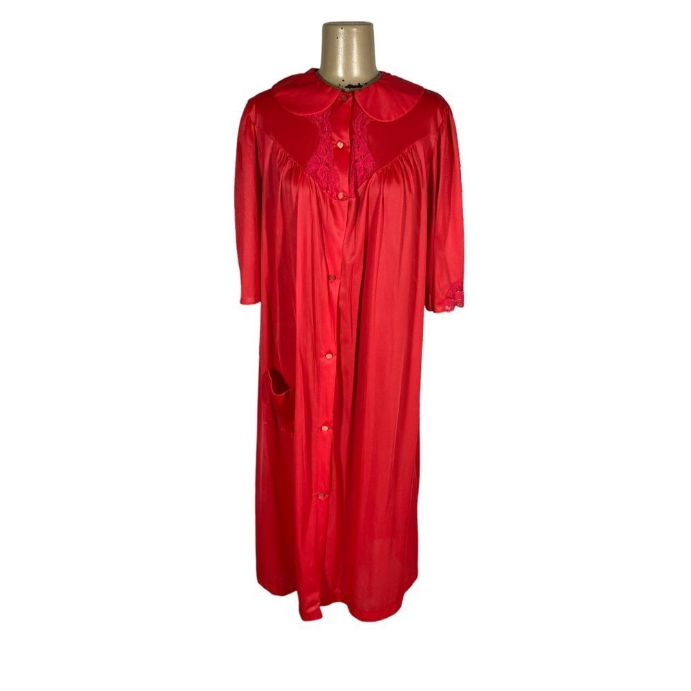 Vintage Nancy King Lingerie Red Button Down Nylon House Night Gown Robe Sz 38